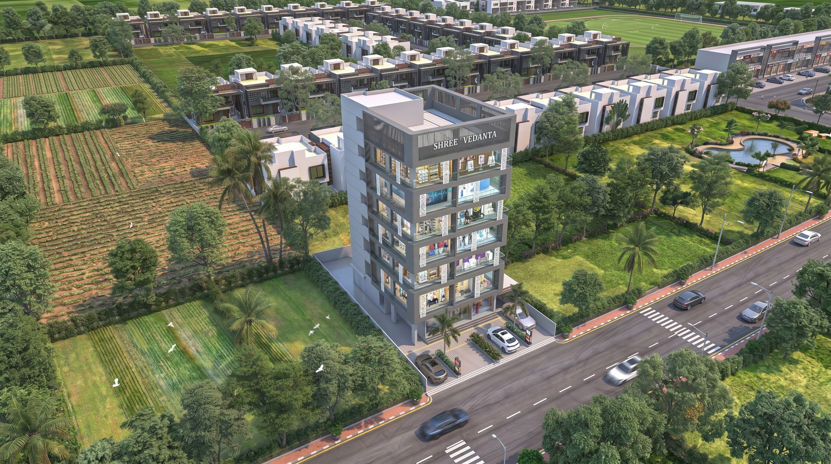 Shree Developers premium residential tower at golden hour